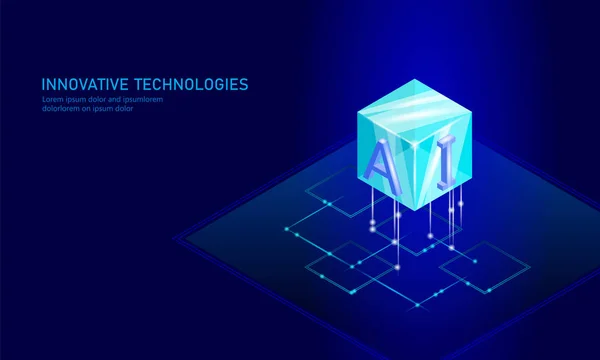 Isometric konsep bisnis kecerdasan buatan. Blue Glowing isometric personal information connection future technology. Ilustrasi vektor infografis 3D - Stok Vektor