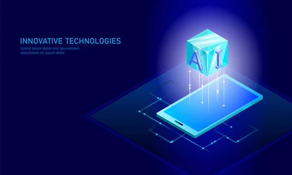 Isometric konsep bisnis kecerdasan buatan. Blue glowing isometric personal information connection pc smartphone future technology. Ilustrasi vektor infografis 3D - Stok Vektor
