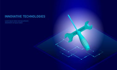 Bilgisayar Servisi onarım izometrik. 3D mavi düz teknik destek tornavida gelecek modern afiş iş teknoloji. İşlem test tanı Infographic arka plan vektör çizim
