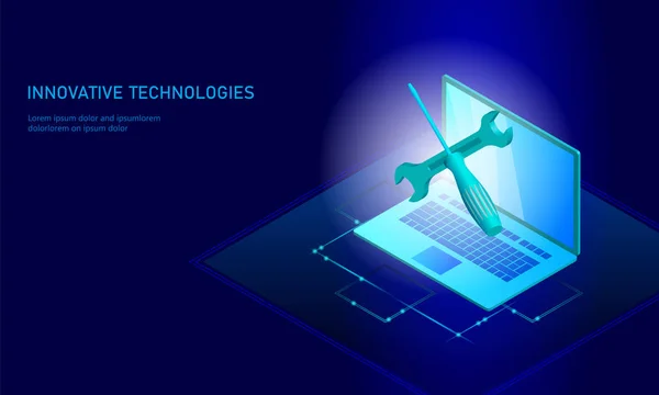 Komputer layanan perbaikan laptop isometrik. 3 d biru datar dukungan teknis obeng masa depan modern banner teknologi bisnis. Ilustrasi vektor latar belakang infografis diagnostik proses - Stok Vektor