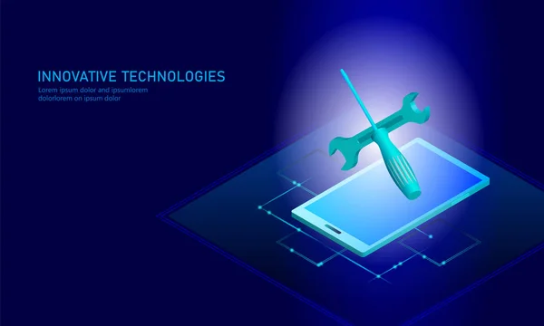 Servicio de reparación de computadoras teléfono inteligente isométrico. 3d azul plana soporte técnico destornillador futuro moderno banner tecnología empresarial. Prueba de proceso de diagnóstico infografía fondo vector ilustración — Vector de stock