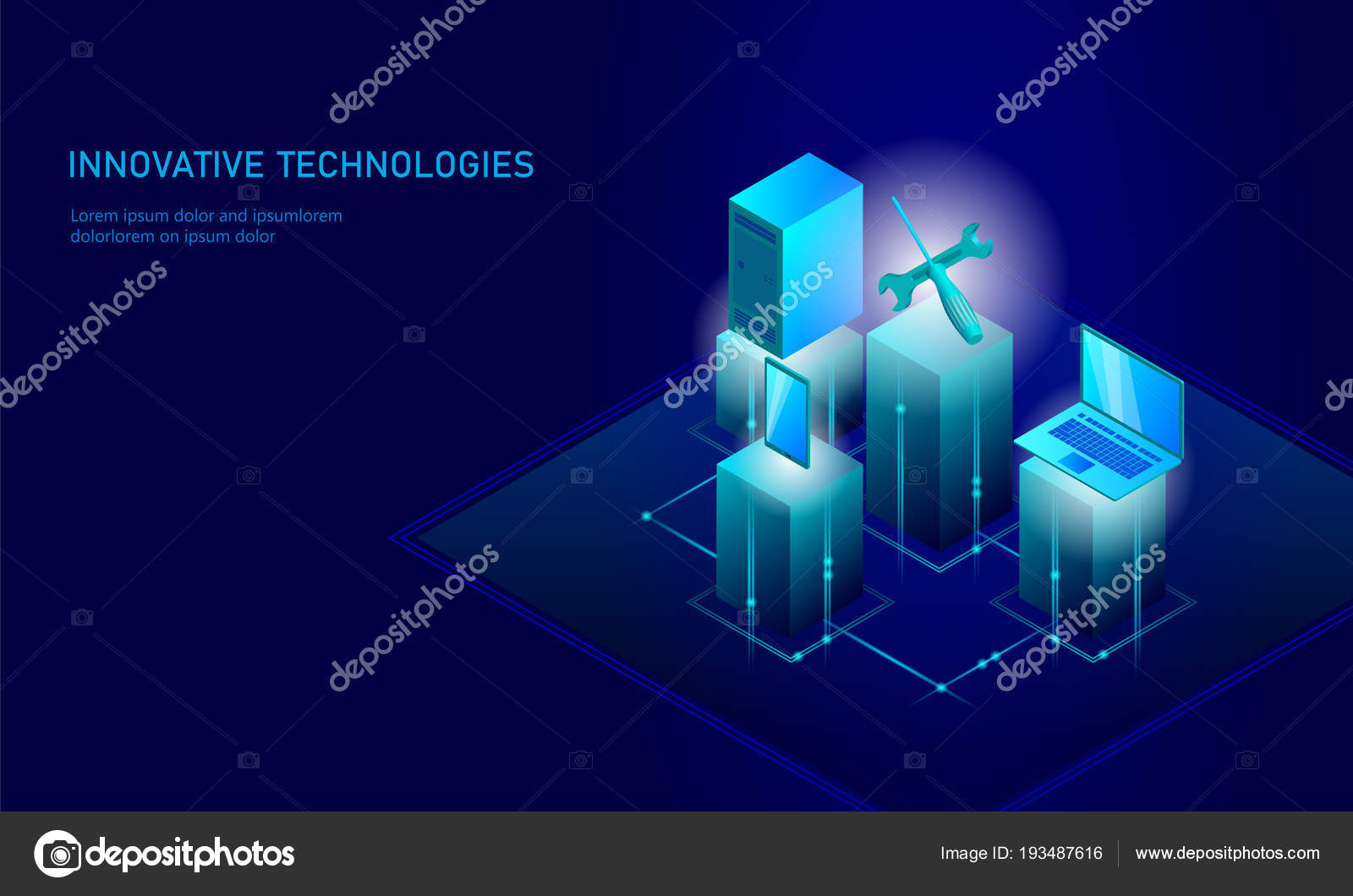 Isométrico De Reparo Do Computador Serviço 3d Azul Plano Técnico