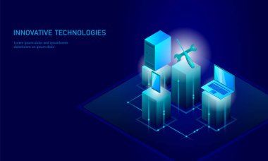 Bilgisayar Servisi onarım izometrik. 3D mavi düz teknik destek tornavida gelecek modern afiş iş teknoloji. PC test tanı Infographic arka plan vektör çizim işlemek