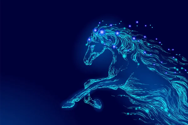 Cavalo azul brilhante cavalgando estrela céu noturno. Decoração criativa pano de fundo mágico brilhando cosmos espaço lua luz fantasia fundo vetor ilustração — Vetor de Stock