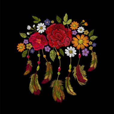 Embroidery boho native american indian feathers flowers arrangement. Clothes ethnic tribal fashion design decoration patch. Fashionable template vector illustration clipart