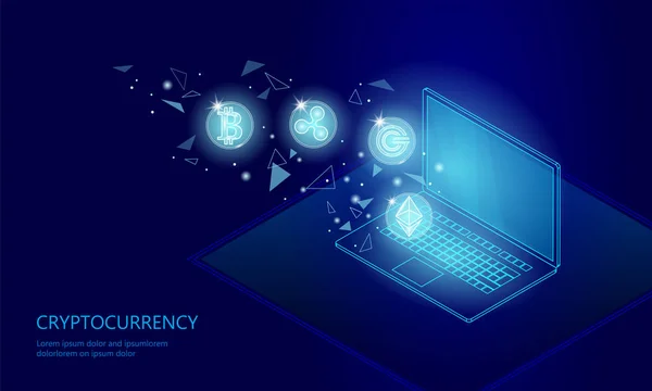 Ethereum Bitcoin Onda moneda criptomoneda digital portátil pc celular web pago en línea. Tecnología de intercambio de información de big data. Ilustración electrónica del vector de pago del Internet isométrico azul — Archivo Imágenes Vectoriales