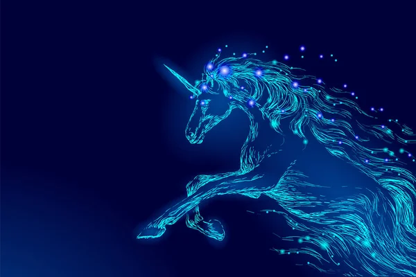 Kuda biru berkilau unicorn mengendarai bintang langit malam. Kreatif dekorasi magis latar belakang bersinar kosmos ruang tanduk mitos peri cahaya bulan fantasi latar belakang vektor ilustrasi - Stok Vektor