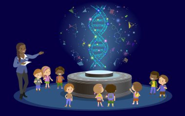 Yenilik Eğitim İlköğretim Okulu teknoloji - grup çocuk için Dna molekülünün öğrenme. hologram biyoloji ders gelecek Müzesi Merkezi vektör üzerinde.