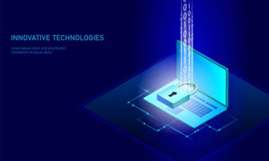 İzometrik Internet güvenlik kilit iş kavramı. Mavi parlak izometrik kişisel bilgi veri bağlantı pc smartphone geleceğin teknolojisi. 3D Infographic vektör çizim