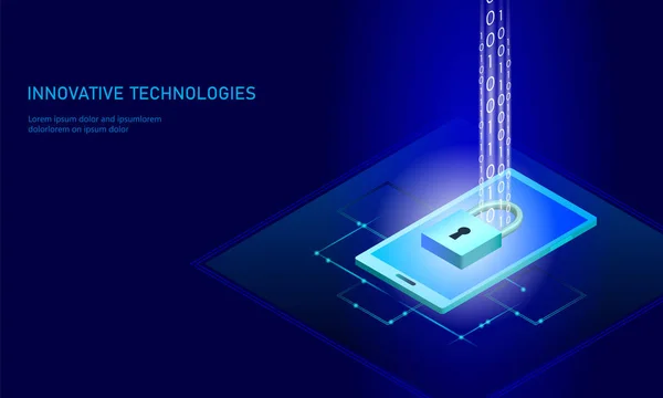 Konsep bisnis kunci keamanan internet yang aneh. Blue glowing isometric personal information connection pc smartphone future technology. Ilustrasi vektor infografis 3D - Stok Vektor