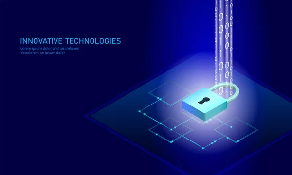 Ισομετρική Διαδίκτυο ασφάλεια κλειδώματος επιχειρηματική ιδέα. Μπλε λαμπερό ισομετρική προσωπικές πληροφορίες τεχνολογία σύνδεσης δεδομένων pc smartphone μελλοντικά. 3D γράφημα εικονογράφηση διάνυσμα — Διανυσματικό Αρχείο