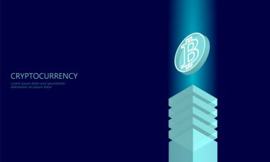 İzometrik Internet cryptocurrency para iş kavramı. Parlayan izometrik Bitcoin para Finans incelemesi pc smartphone geleceğin teknolojisi mavi. 3D Infographic vektör çizim