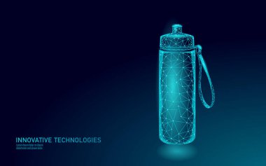 3D su fitness şişesi çokgen pankart. Aqua sıvı paketi. Plastik izotonik elektrolitler artezyen içme suyu içerler. Düşük polyester modern tasarım vektörü çizimi