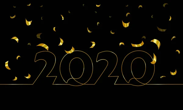 2020 Nouvel An unique ligne continue art. Golden noir carte de vœux de vacances décoration titre. Numéros de date lettrage silhouette concept design. Un croquis contour lumineux illustration vectorielle d'or — Image vectorielle