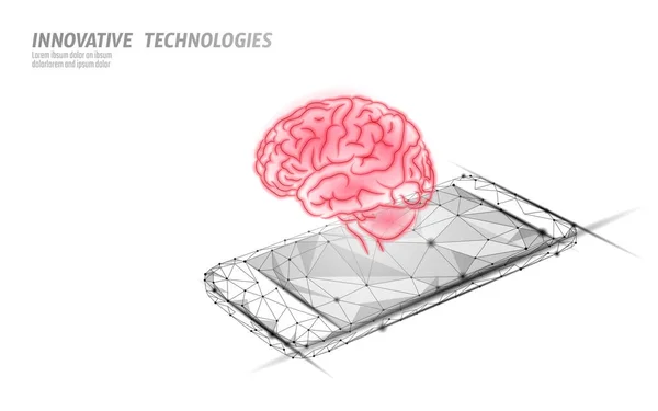 Asistente virtual de tecnología de reconocimiento de voz. Soporte de robot de inteligencia artificial AI. Chatbot cerebro en el sistema de teléfonos inteligentes baja poli vector ilustración — Archivo Imágenes Vectoriales