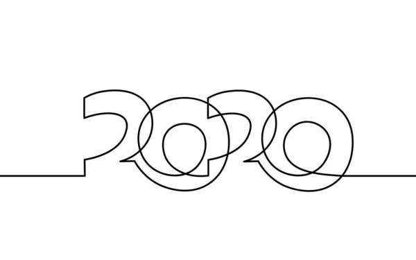 2020 Nieuwjaar single continuous line art. Witte zwarte vakantie wenskaart headline decoratie. Datumnummers belettering silhouet concept design. Een schets neutrale jaarlijkse vector illustratie — Stockvector