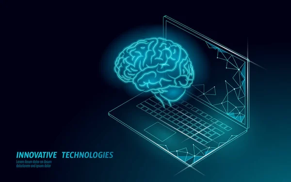 Asistente virtual de tecnología de reconocimiento de voz. Soporte de robot de inteligencia artificial AI. Chatbot cerebro en el sistema portátil de baja poli vector ilustración — Archivo Imágenes Vectoriales