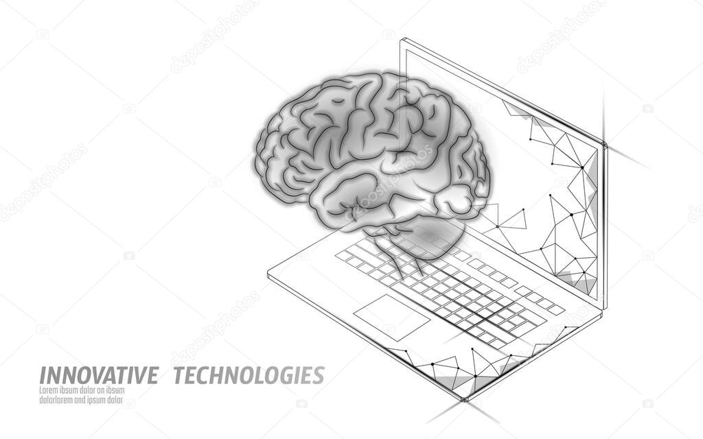 Virtual assistant voice recognition service technology. AI artificial intelligence robot support. Chatbot brain on laptop system low poly vector illustration