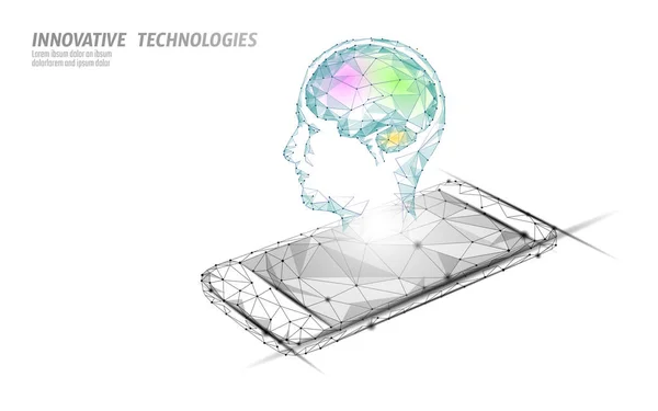 Virtuele assistent spraakherkenningstechnologie. Ai kunstmatige intelligentie robot ondersteuning. Chatbot hersenen op smartphone systeem lage poly vector illustratie — Stockvector