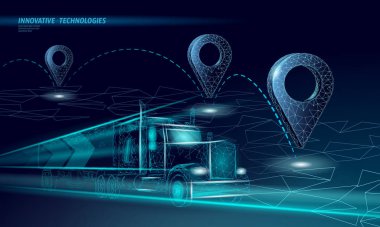 3D harita noktası iş sembolü. Gerçekçi ikon çokgen dünya çapında dağıtım yapan kamyon arabası. Çevrimiçi alışveriş yönü şehir adresi konum pin vektör illüstrasyonu gönderiliyor