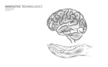 Beyin tedavisinde düşük polimerli 3D görüntüleme. Tıbbi bakım, uyuşturucu, akıl sağlığı konsepti. Alzheimer Hastalıkları Merkezi 'nde Bilişsel Rehabilitasyon Hasta Vektör Çizimi Şablonu