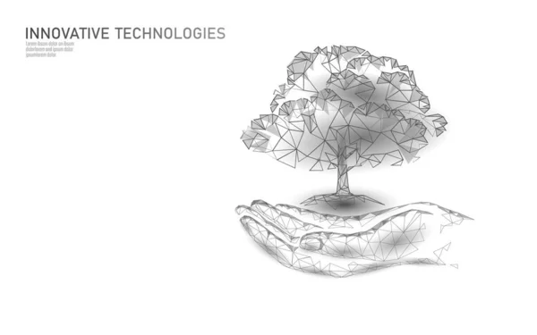 Mani che tengono albero vegetale concetto astratto ecologico. 3D rendono piantare foglie di piantina di semenzaio del suolo. Salva pianeta ambiente naturale crescere la vita. Eco poligono triangoli basso poli vettore illustrazione — Vettoriale Stock