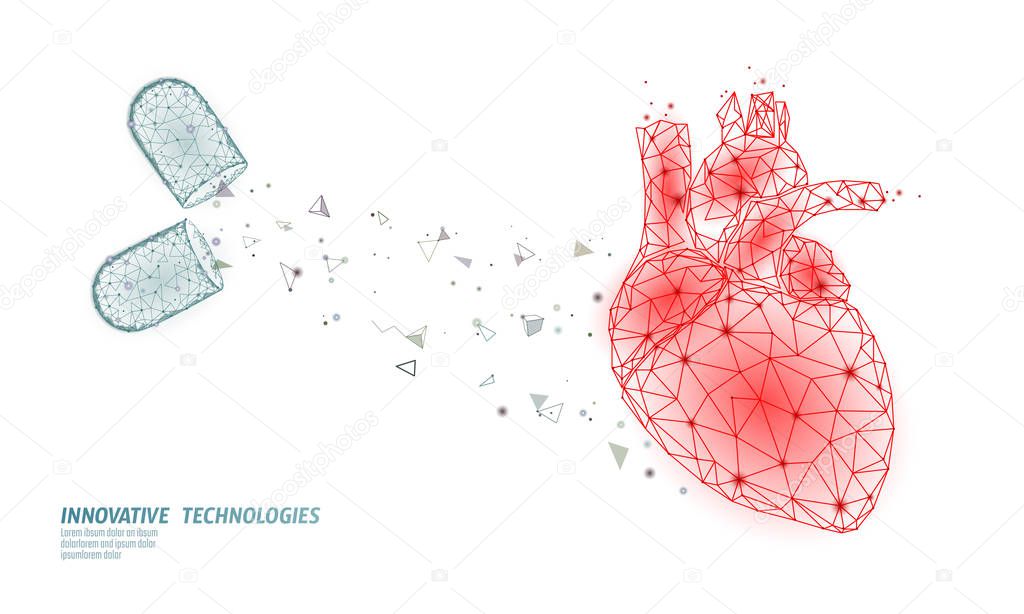 3D medicine heart medicine treatment. Human health diagnostics vascular organ system pill vitamins. Cardiology heart protect concept. Low poly vector illustration