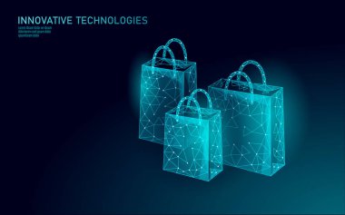 Alışveriş çantası düşük polimerli tasarım 3D. Çevrimiçi ticaret pazarı teknolojisi. Şimdi şablon alın. Mobil satış vektör çizimi