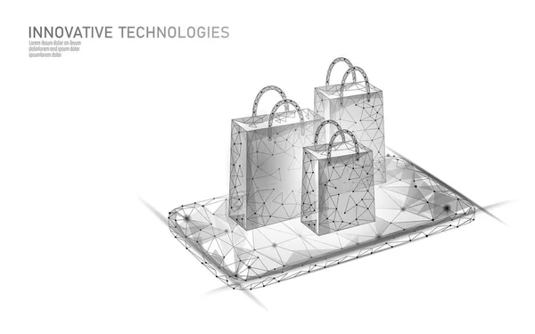 ショッピングバッグ低ポリデザイン3d 。オンラインショップスマートフォンの貿易市場技術。ベクターイラスト — ストックベクタ