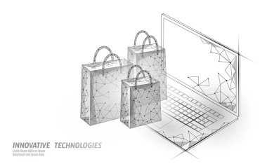 Alışveriş çantası düşük polimerli tasarım 3D. Çevrimiçi akıllı telefon pazarlama teknolojisi. Vektör illüstrasyonu