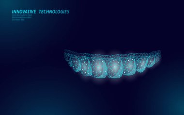 3D görünmez ortodontik diş telleri. Wonam gülümseme diş eğitmeni. Diş Tiyatrosu Sağlık Hizmetleri Tıbbi Afişi. Düşük polimer tasarım dişçi düzeltmesi vektör illüstrasyonunu düzelt