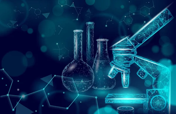 Low poly science chemical glass flasks. Scientific equipment polygonal triangle blue glowing design. Future technology microscope research. Medicine analysis concept vector illustration — 스톡 벡터