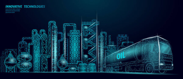 Комплекс нефтеперерабатывающих заводов низкополимерной бизнес-концепции. Завод по производству полигональной нефтехимии финансовой экономики. Грузовик нефтяной промышленности. Экологическое решение синего вектора
