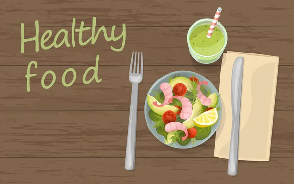 Salata ve smoothie üst görünüm afiş şablonu. Sağlıklı vejetaryen kahvaltısı. Yeşil meyve ve sebze kasesi. Fitness diyeti istihkakı taze vejetaryen düz vektör çizimi — Stok Vektör