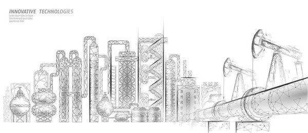 Комплекс нефтеперерабатывающих заводов низкополимерной бизнес-концепции. Завод по производству полигональной нефтехимии финансовой экономики. Нефтегазовая промышленность проведет трубопровод. Векторная иллюстрация экологического решения
