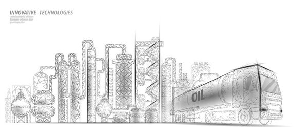 Комплекс нефтеперерабатывающих заводов низкополимерной бизнес-концепции. Завод по производству полигональной нефтехимии финансовой экономики. Грузовик нефтяной промышленности. Векторная иллюстрация экологического решения
