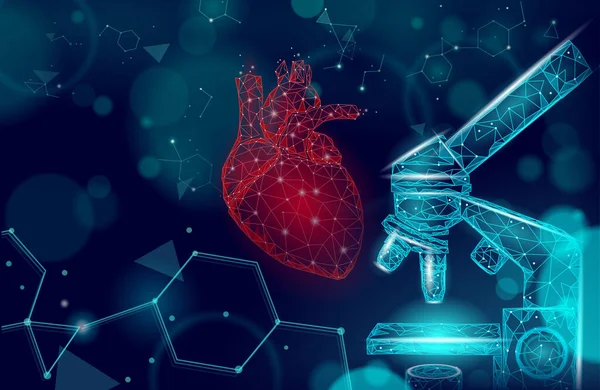 Microscopio de ciencia del corazón 3d medicina bajo concepto de poli. Fondo de farmacia rojo triángulo farmacia. Moderno tratamiento medicinas recuperación vector ilustración — Vector de stock