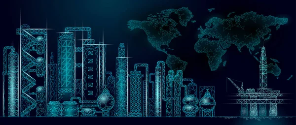 Petroleum oil refinery complex low poly World map. Finance economy polygonal petrochemical production plant. Petroleum fuel industry will pipeline. Ecology solution blue vector illustration — 스톡 벡터