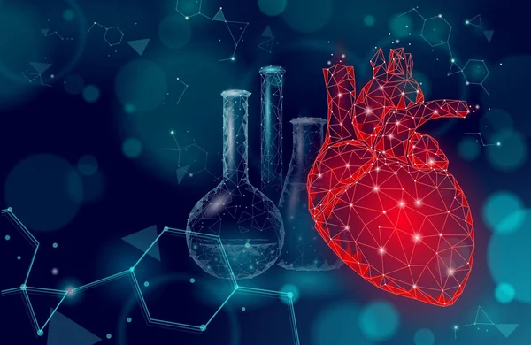 Szív tudomány üveg 3D orvostudomány alacsony poli koncepció. Háromszög piros gyógyszertár gyógyszertár háttér. Modern gyógyszeres kezelés helyreállítási gyógyszerek vektor illusztráció — Stock Vector