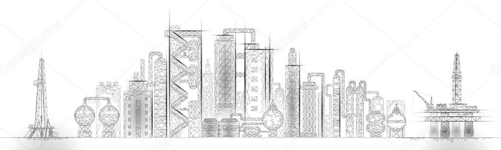 Petroleum oil refinery complex panorama business concept. Finance economy polygonal petrochemical production plant. Petroleum fuel industry will pipeline. Ecology solution blue vector illustration