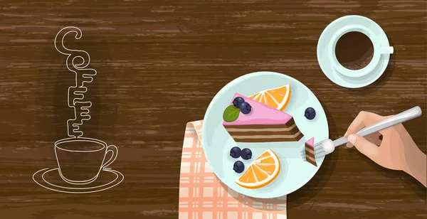 Καφές φλιτζάνι επιδόρπιο χρόνο top view πρότυπο πανό. Πρωινό πρωινό εσπρέσο. Κομμάτι κέικ σοκολάτα πορτοκάλι φρούτα blueberry πιρούνι. Θεραπεία σιτηρεσίου φρέσκια επίπεδη lay διανυσματική απεικόνιση — Διανυσματικό Αρχείο