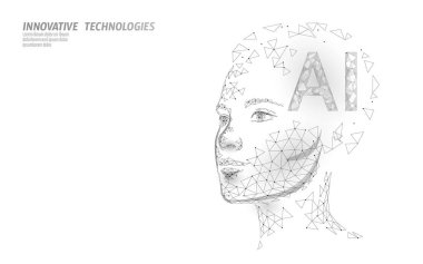 Yapay zeka robotu 3D 'yi destekler. Sanal ses tanıma servisi teknolojisi asistanı. Chatbot güzel kadın düşük polivektör illüstrasyonuyla karşı karşıya