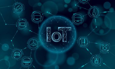 Şeyler simgesi yenilik teknoloji kavramı Internet. Akıllı şehir kablosuz iletişim ağı çok ICT. Akıllı sistem Otomasyon Sanayi 4.0 modern Ai bilgisayar online vektör çizim Anasayfa