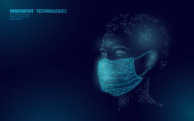 Woman face mask. Infection pneumonia prevention healthcare. 3D low poly female human blue glowing banner. Wear surgical medical mask against virus epidemic vector illustration