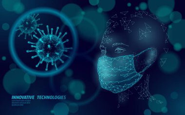 Woman face mask. Infection pneumonia prevention healthcare. 3D low poly female human blue glowing banner. Wear surgical medical mask against virus epidemic vector illustration