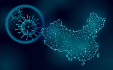 Çin Cumhuriyeti ülke haritası. Enfeksiyon zatürree önleme sağlık hizmetleri. 3D düşük yalan makinesi. Uluslararası tasarım Prc mavi koyu renkli parlak siluet. Virüs salgını vektör çizimine karşı