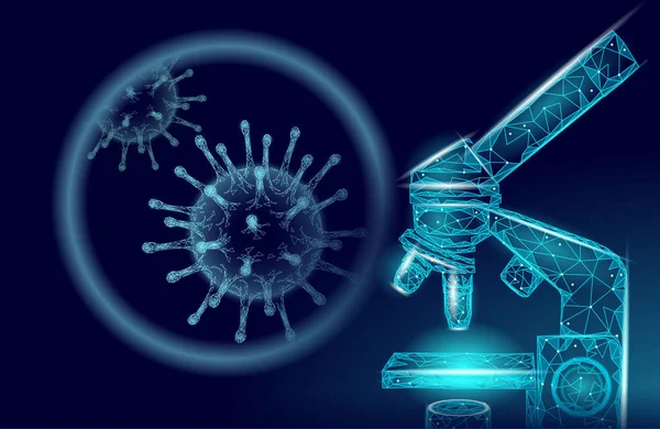 Microscopio virus 3D a basso rendimento poli. Analisi di laboratorio infezione virus influenza polmonite. Illustrazione vettoriale di medicina moderna di tecnologia scientifica — Vettoriale Stock