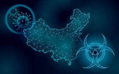 Çin Cumhuriyeti ülke haritası. Enfeksiyon zatürresi tehlike sembolü. 3D düşük yalan makinesi. Uluslararası tasarım Prc mavi koyu renkli parlak siluet. Virüs salgını vektör çizimine karşı