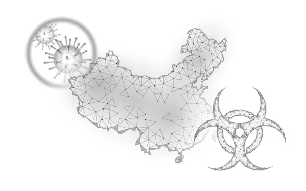 China República país mapa 3D. Símbolo de peligro de neumonía por infección. Polivinílico bajo 3D. Diseño internacional silueta gris blanca de la RPC. Contra la epidemia de virus vector ilustración — Archivo Imágenes Vectoriales