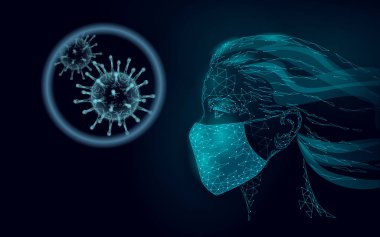 Woman face mask. Infection pneumonia prevention healthcare. 3D low poly female human blue glowing banner. Wear surgical medical mask against virus epidemic vector illustration